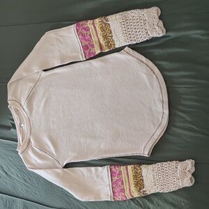 Free People NWOT Thermal Top Crochet Sleeves Cream Purple Tan Brown Size XS